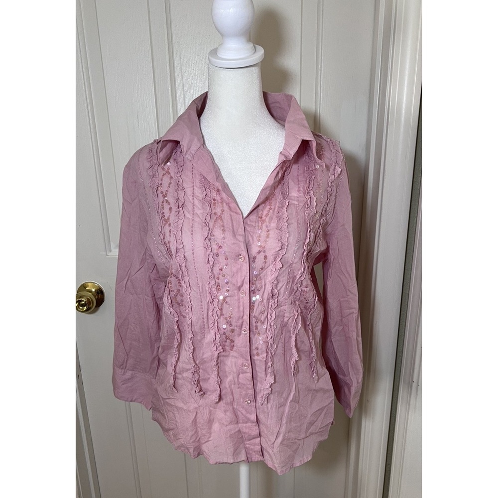 Periscope Y2K Pink Sequin Ruffle Cotton Button Down Blouse Fairy Whimsigoth Lrg